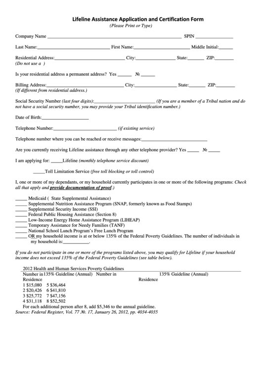 Lifeline Assistance Application And Certification Form - South Dakota Public Utilities Commission Printable pdf