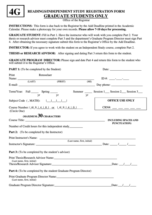 4g Readings/independent Study Registration Form Printable pdf