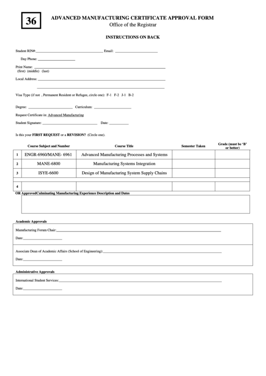 Form 36 - Advanced Manufacturing Certificate Approval Form Printable pdf