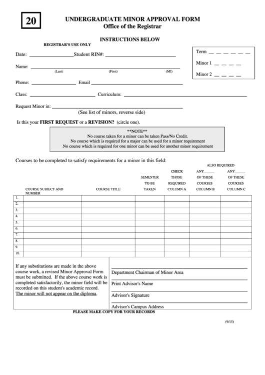 Undergraduate Minor Approval Form Printable pdf