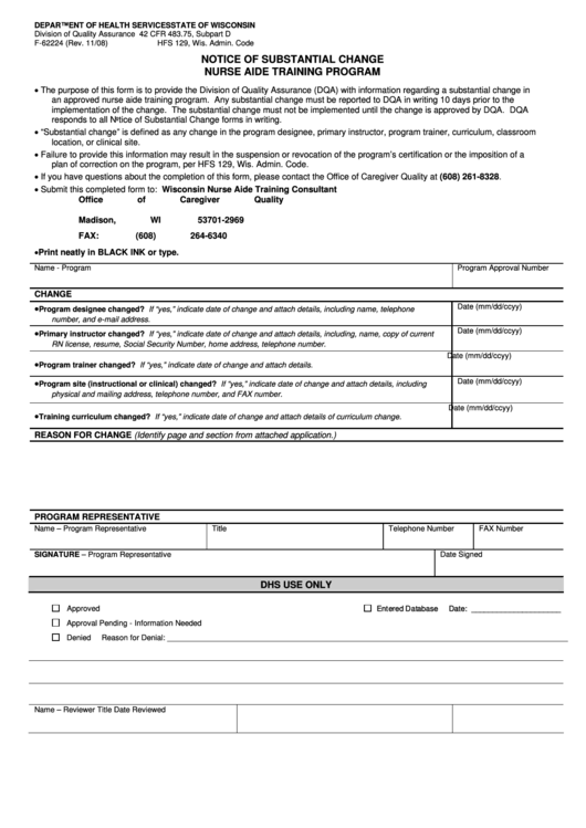 Form F-62224 - Form For Notice Of Substantial Change Nurse Aide Training Program Printable pdf