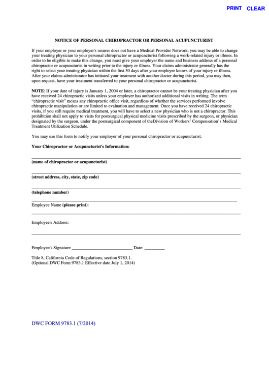 Fillable Form 9783.1 - Notice Form For Personal Chiropractor Or Personal Acupuncturist 2014 Printable pdf
