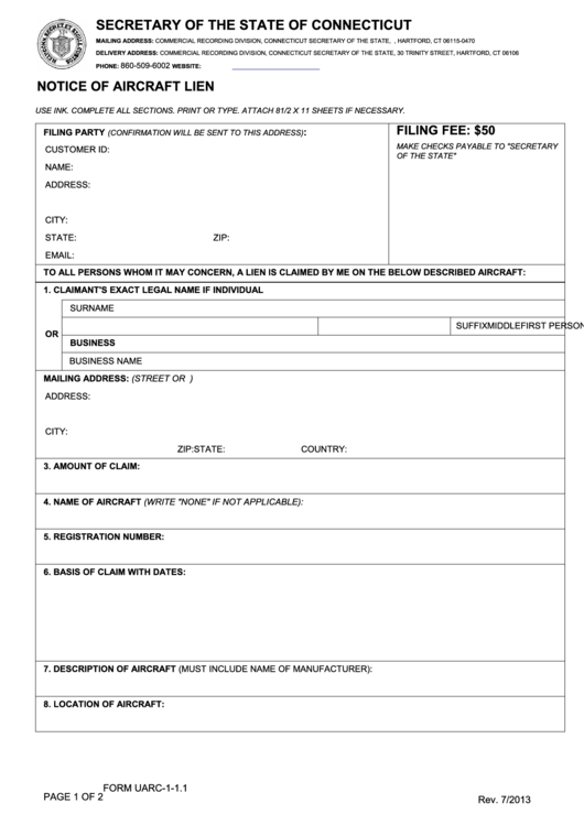 Form Uarc-1-1.1 - Notice Form For Aircraft Lien