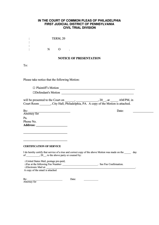 Form For Notice Of Presentation Printable pdf