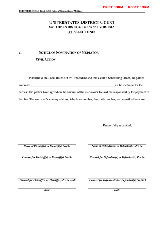 Fillable Form For Notice Of Nomination Of Mediator Printable pdf