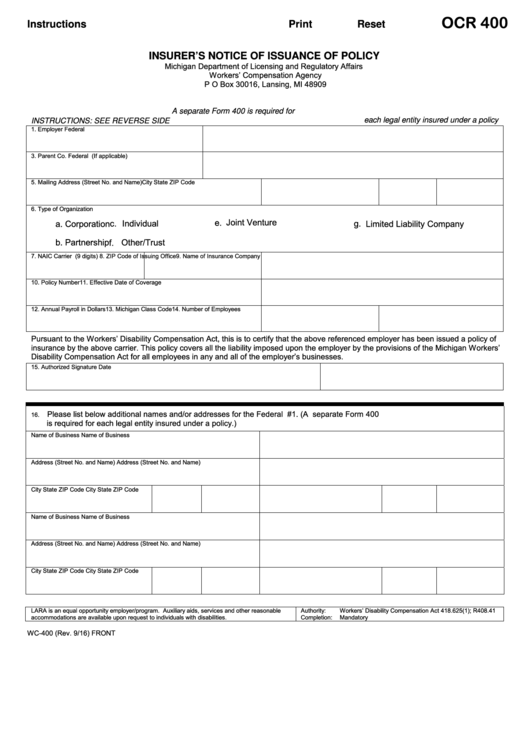 Form Ocr 400 - Form For Insurer's Notice Of Issuance Of Policy