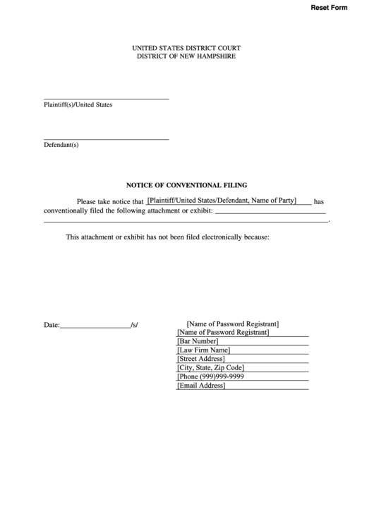 Fillable Form For Notice Of Conventional Filing Printable pdf