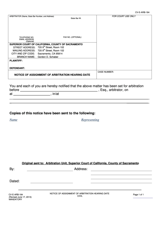 Fillable Form Cve-Arb-184 - Notice Of Assignment Of Arbitration Hearing Date Printable pdf