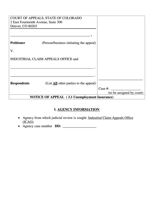 Form For Dd Notice Of Appeal - Colorado Printable pdf