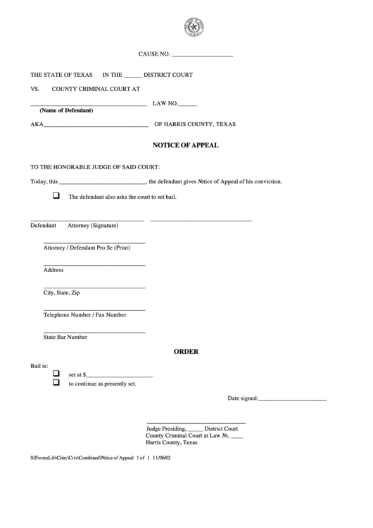Fillable Form For Notice Of Appeal - Texas Printable pdf