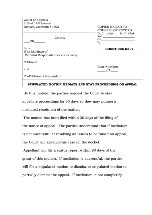 Stipulated Motion Mediate Print Form - Colorado Printable pdf