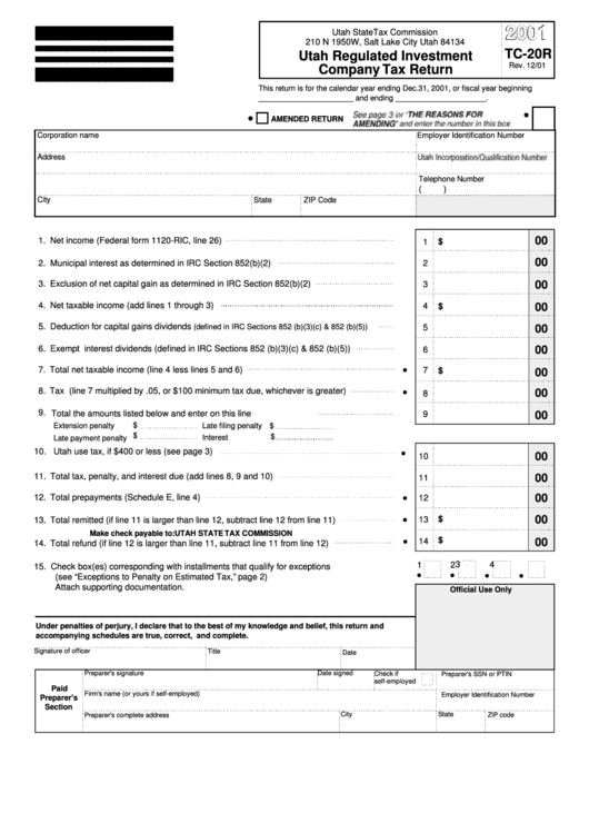 Form Tc-20r - Utah Regulated Investment Company Tax Return - 2001 Printable pdf