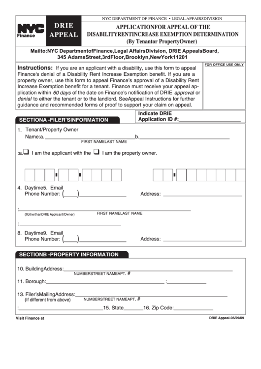 Application For Appeal Of The Disability Rent Increase Exemption Determination Form Printable pdf