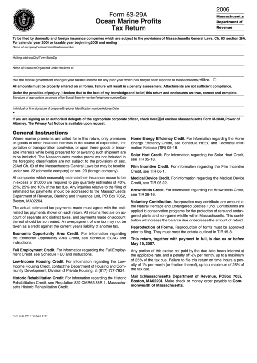 Form 63-29a - Ocean Marine Profits Tax Return - 2006 Printable pdf
