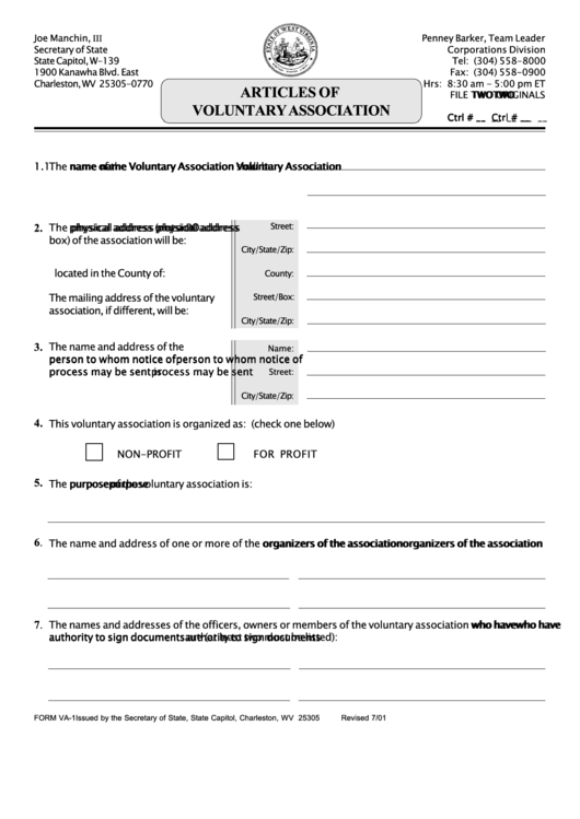 Fillable Form Va-1 - Articles Of Voluntary Association Printable pdf