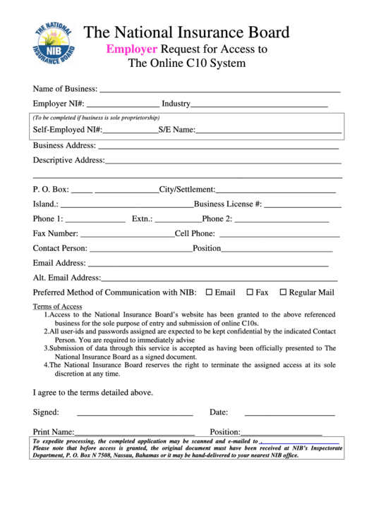 Employer Request For Access To The Online C10 System Form Printable pdf