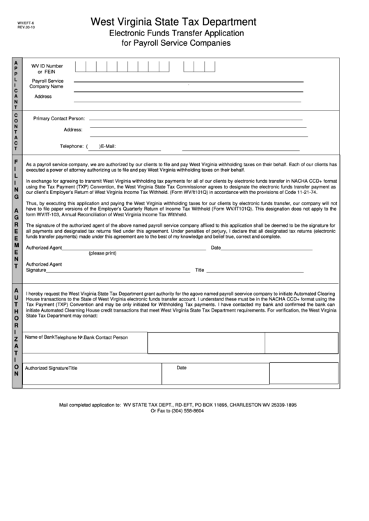 Form Wv/eft-6 - Electronic Funds Transfer Application For Payroll Service Companies Printable pdf