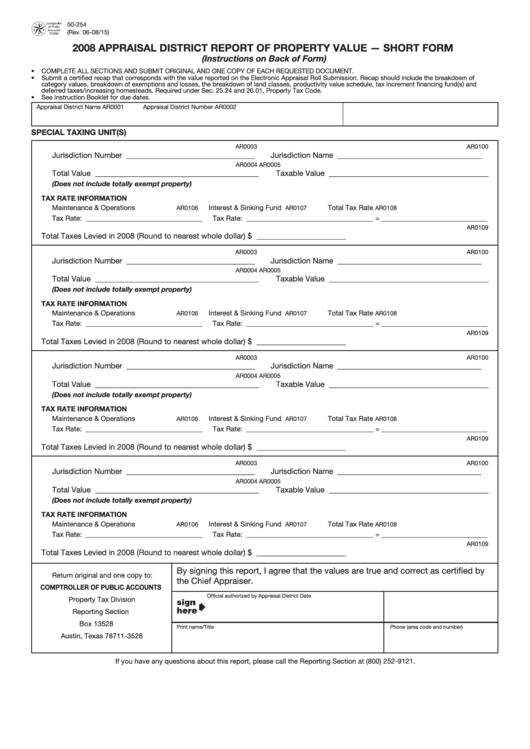 Form 50-254 - 2008 Appraisal District Report Of Property Value Short Form Printable pdf