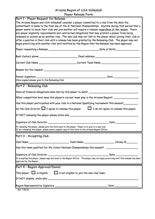 Usa Volleyball Player Release Form Printable pdf