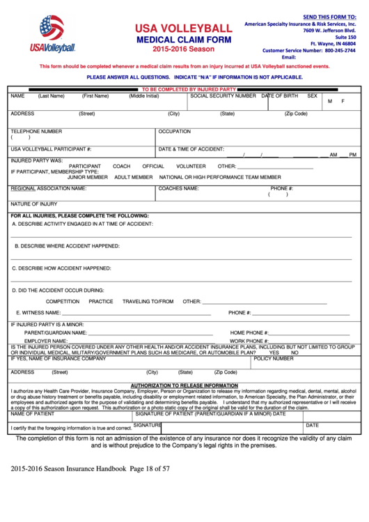 Fillable Usa Volleyball Medical Claim Form Printable pdf