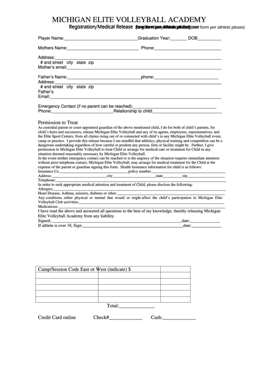 Registration/medical Release Form Printable pdf