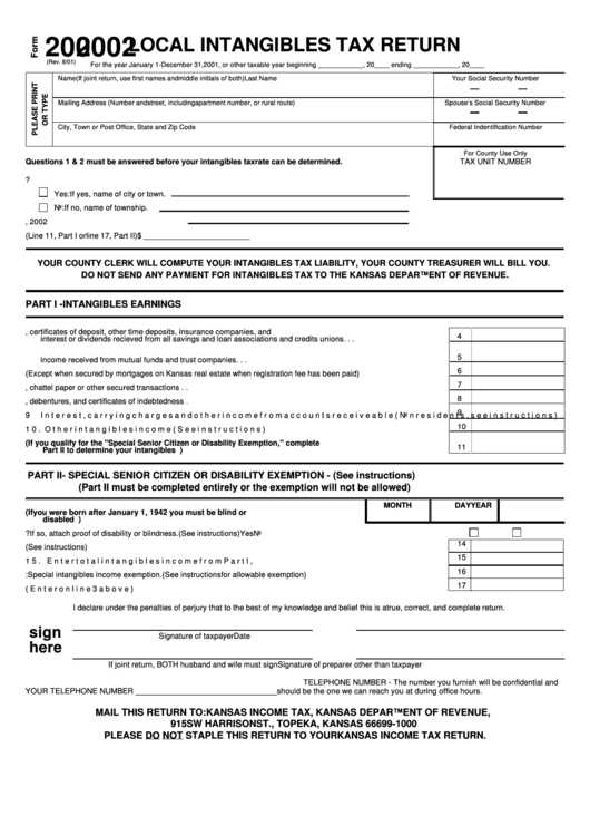 Form 200 - Local Intangibles Tax Return - 2002 Printable pdf