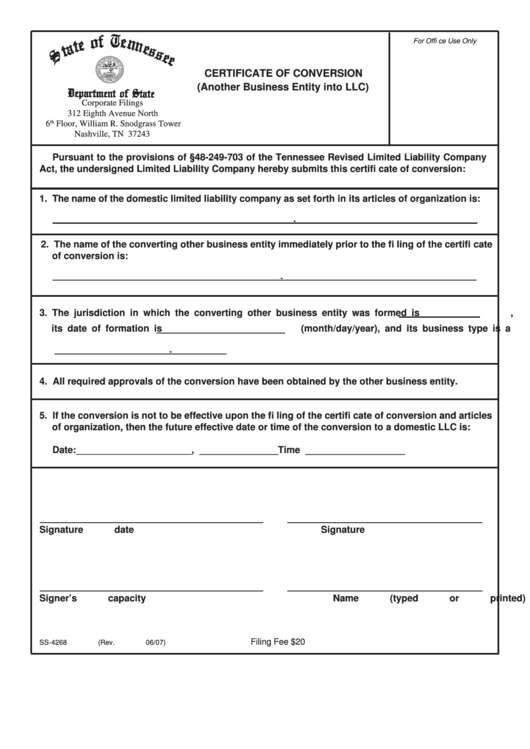 Form Ss-4268 - Certificate Of Conversion (Another Business Entity Into Llc) Printable pdf