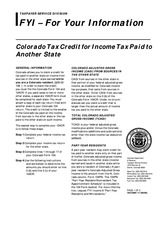 Colorado Tax Credit For Income Tax Paid To Another State Form 2000 