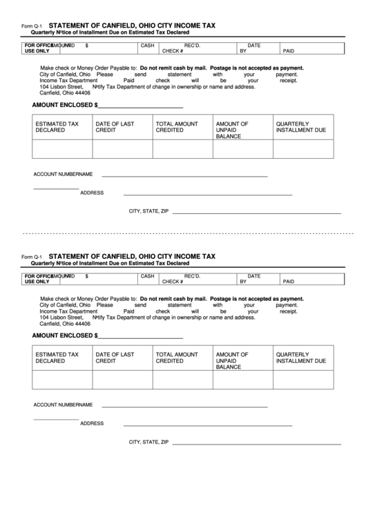 Form Q-1 - Quarterly Notice Of Installment Due On Estimated Tax Declared Printable pdf