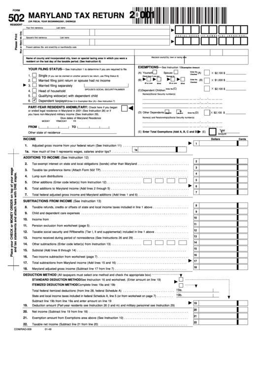Fillable Form 502 - Maryland Tax Return - 2001 Printable pdf
