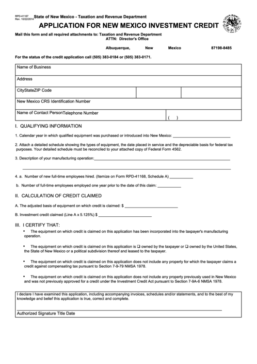 Form Rpd-41167 - Application For New Mexico Investment Credit Printable pdf