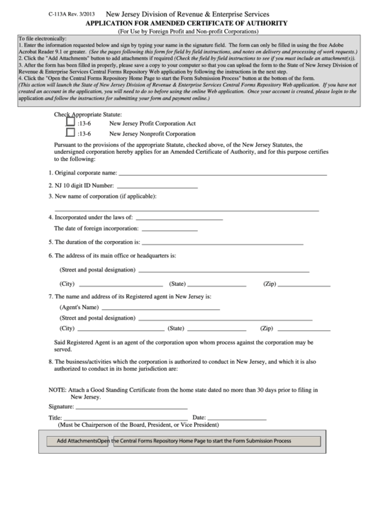 Form C-113a - Application For Amended Certificate Of Authority Form - 2013 Printable pdf