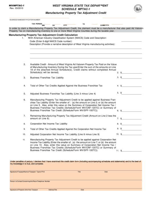 Form Wv/mptac-1 - Manufacturing Property Tax Adjustment Credit Printable pdf