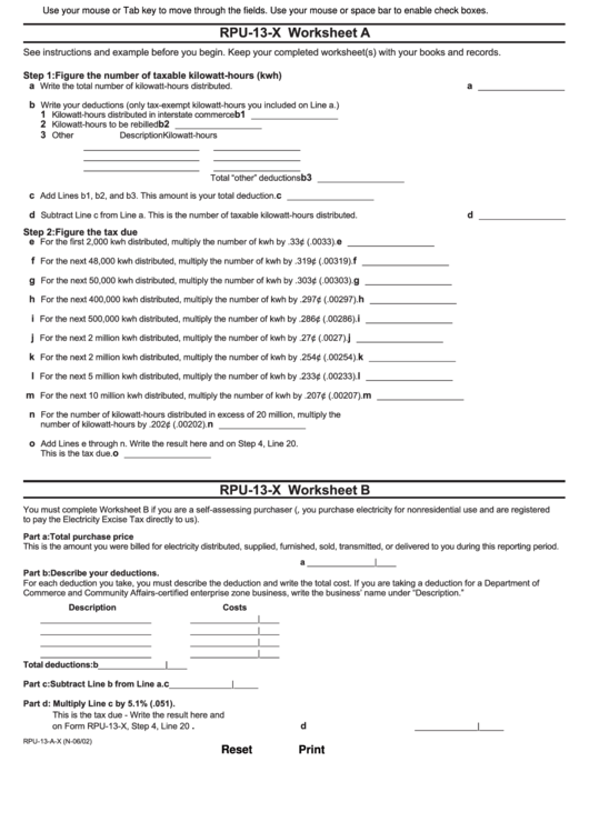 Fillable Form Rpu-13-X - Worksheet A - Amended Electricity Excise Tax Return Printable pdf