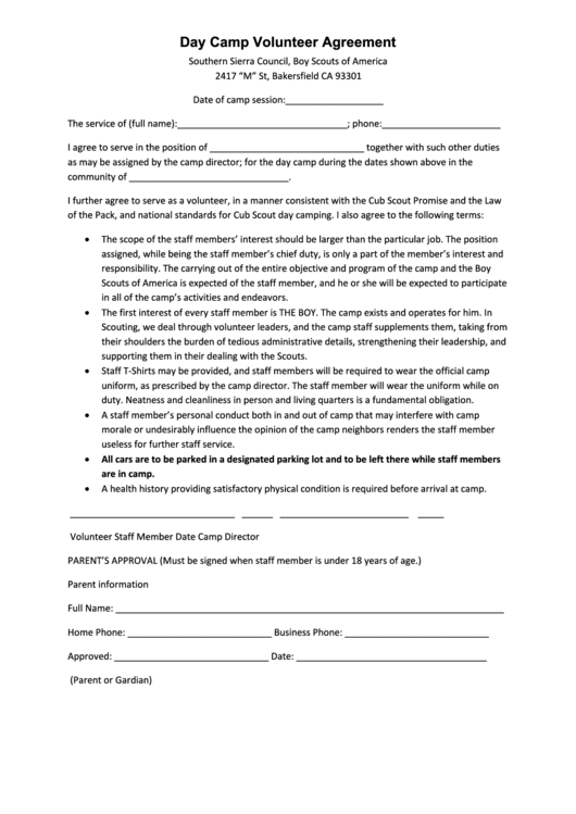 Day Camp Volunteer Agreement Form Printable pdf