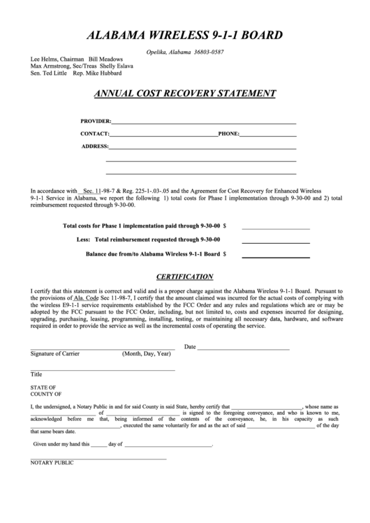Annual Cost Recovery Statement - Alabama Printable pdf