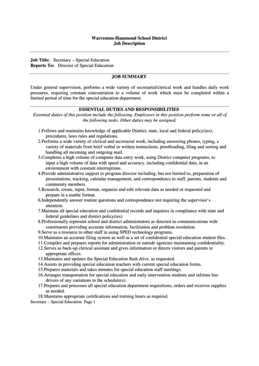 Special Education Secretary - Job Description Template Printable pdf