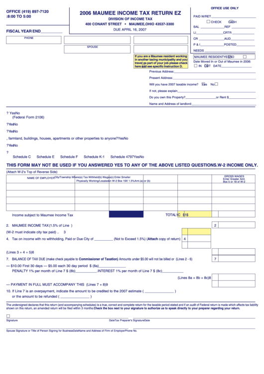 Maumee Income Tax Return Ez Division Of Income Tax Form - 2006 Printable pdf