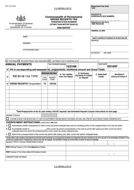 Form Rct-113 - Gross Receipts Tax Transportation Business (Other Than Motor Vehicle) Printable pdf