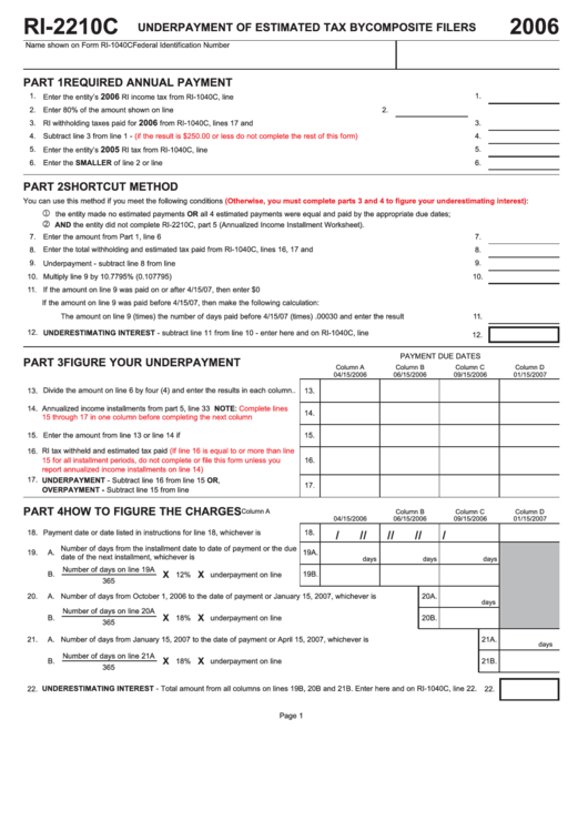 Form Ri-2210c - Underpayment Of Estimated Tax By Composite Filers - 2006 Printable pdf