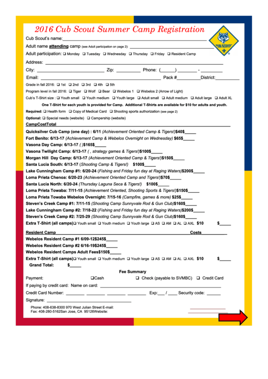 Fillable Cub Scout Summer Camp Registration Form Printable pdf