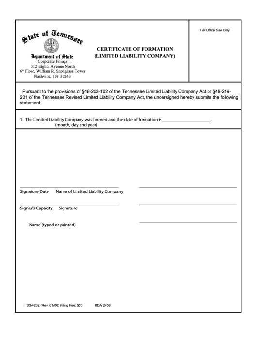 Form Ss-4232 - Certificate Of Formation (Limited Liability Company) Printable pdf
