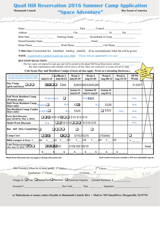 Summer Camp Application Form Printable pdf