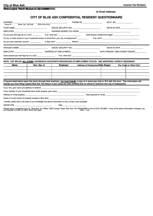 City Of Blue Ash Confidential Resident Questionnaire Form Printable pdf