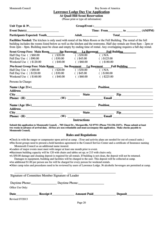 Lawrence Lodge Day Use Application Form Printable pdf