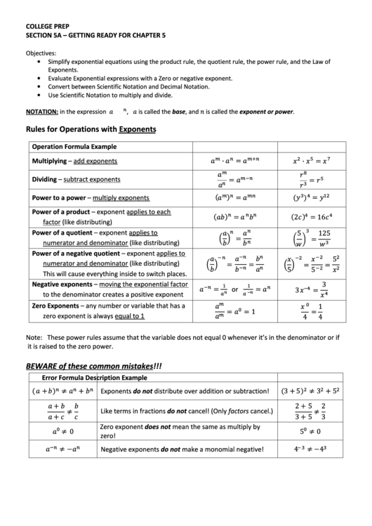 College Prep Sheet - Section 5a - Getting Ready For Chapter 5 Printable pdf
