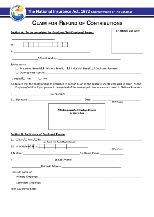 Form C.63 - Claim For Refund Of Contributions Printable pdf