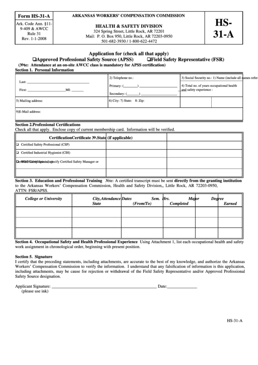 Fillable Form Hs-31-A - Application Form For Approved Personal Safety Source/field Safety Representative - Arkansas Printable pdf