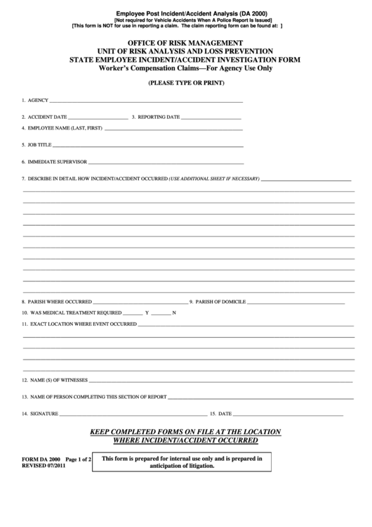 State Employee Incident/accident Investigation Form Printable pdf