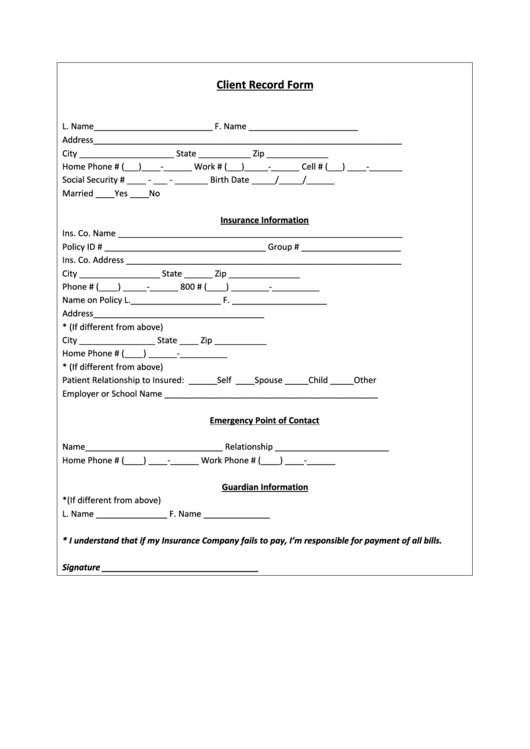 Client Record Form Printable pdf